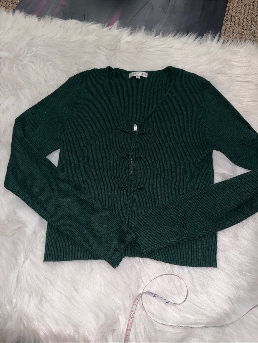 Maje Deep Green Ribbed V-Neck Zip Cardigan